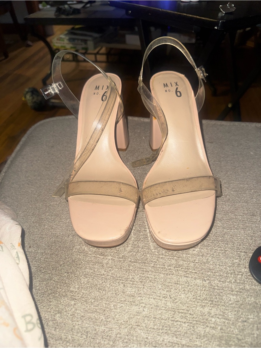 Mix No. 6 Blush Pink Block Heel Sandals with Clear Ankle Straps